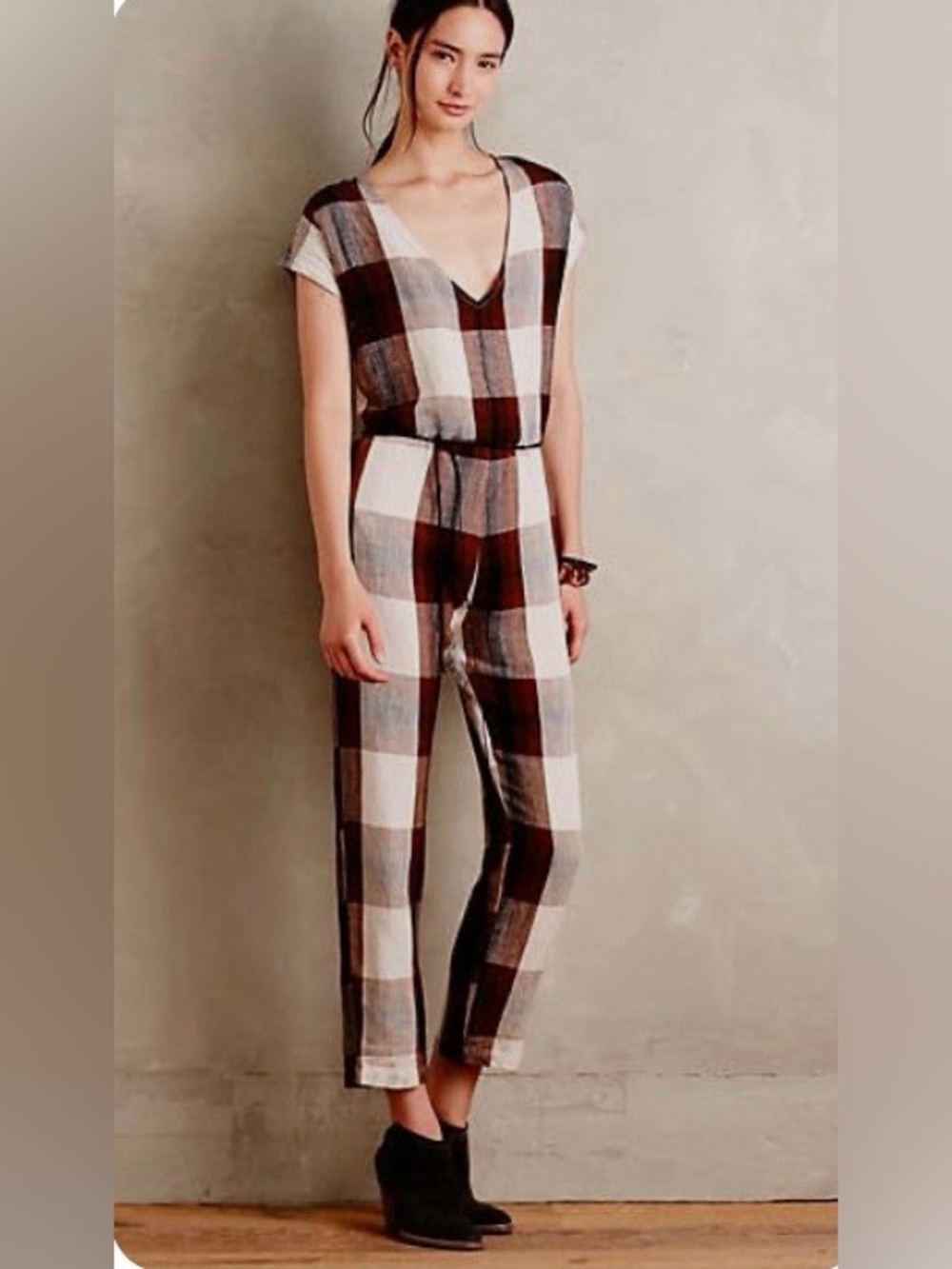 Brown & White Plaid V-Neck Linen Jumpsuit